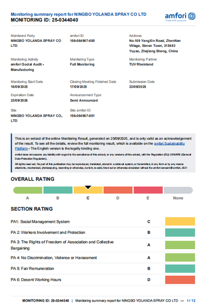 الصين Ningbo Yolanda Spray Co., Ltd. الشهادات